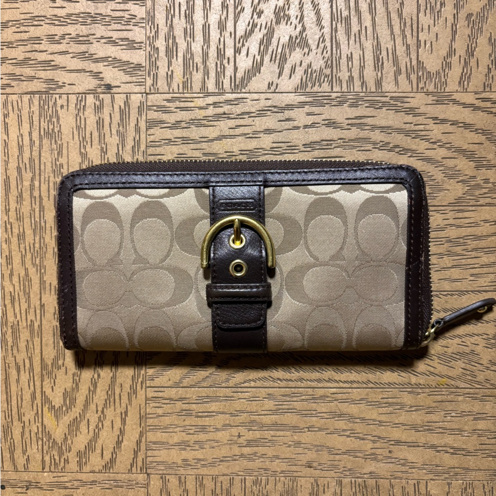 Coach Khaki and Brown Phone Wallet with Gold Buckle